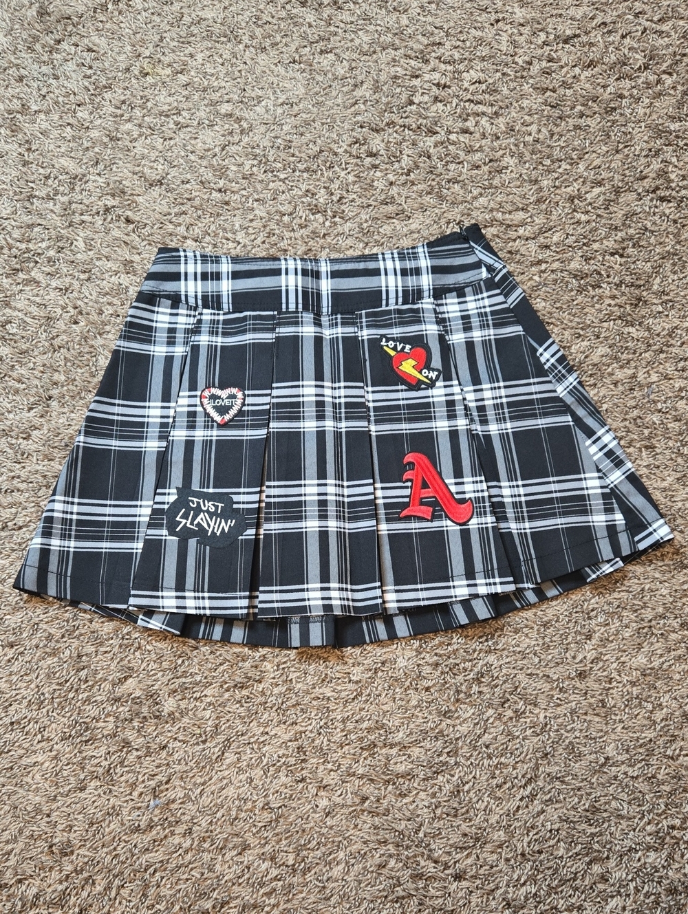 Plaid Pleated Tennis Skirt Small 3 - 5 Black and White with Patches